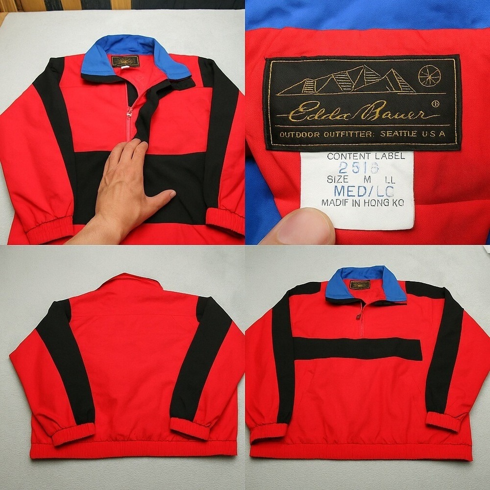 Eddie Bauer Jacket Men Medium Red Colorblock Pullover Windbreaker VTG 90's